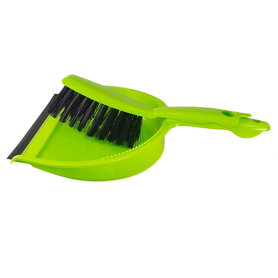 Escoba y recogedor de mano plásticos verdes de la limpieza del hogar fijados con el cepillo