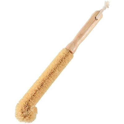 Fregado de las botellas largo de vidrio del coco de la manija del cepillo de bambú de la cocina del diseño del codo
