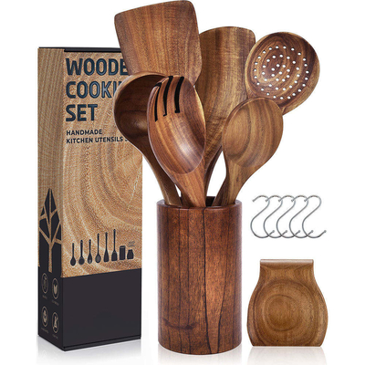 Teca natural Acacia utensilios de cocina de madera Set 9pcs para el hogar